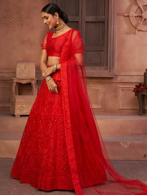 red net flared lehenga - 18008501 - Standard Image - 3