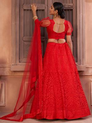 red net flared lehenga - 18008501 - Standard Image - 4