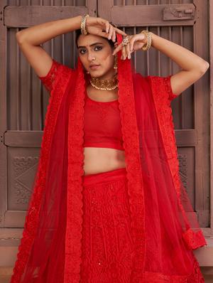 red net flared lehenga - 18008501 - Standard Image - 5