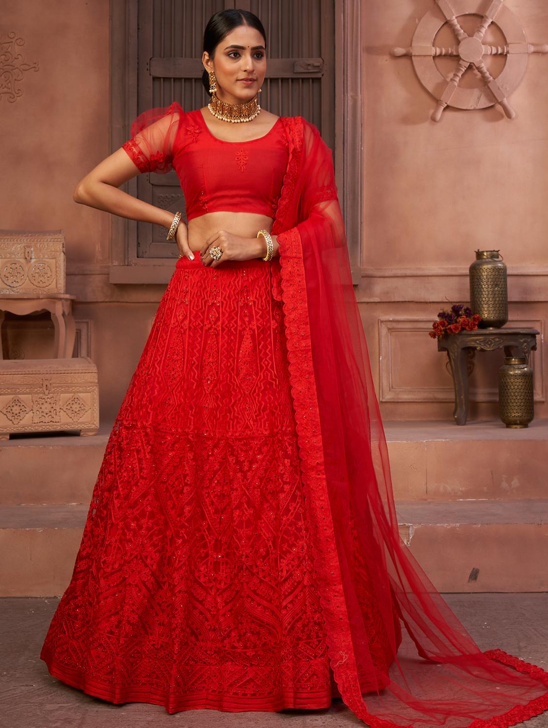 red net flared lehenga - 18008501 - Zoom Image - 2