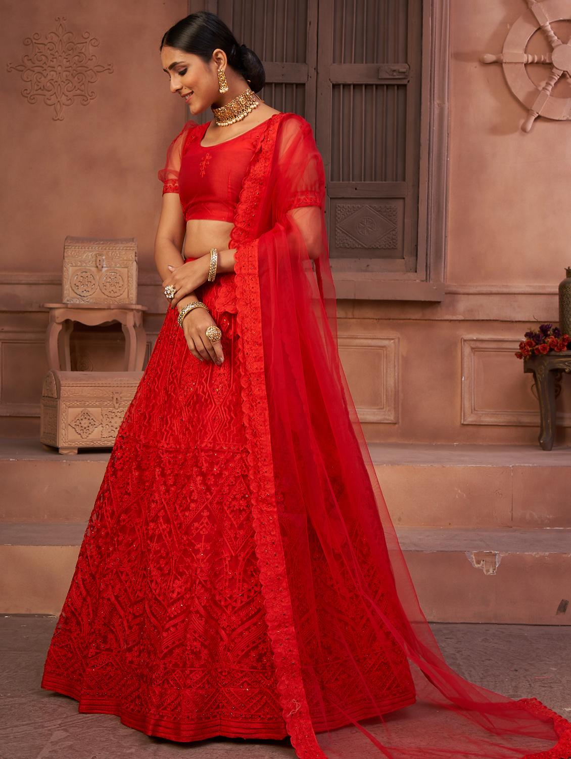 red net flared lehenga - 18008501 - Zoom Image - 3