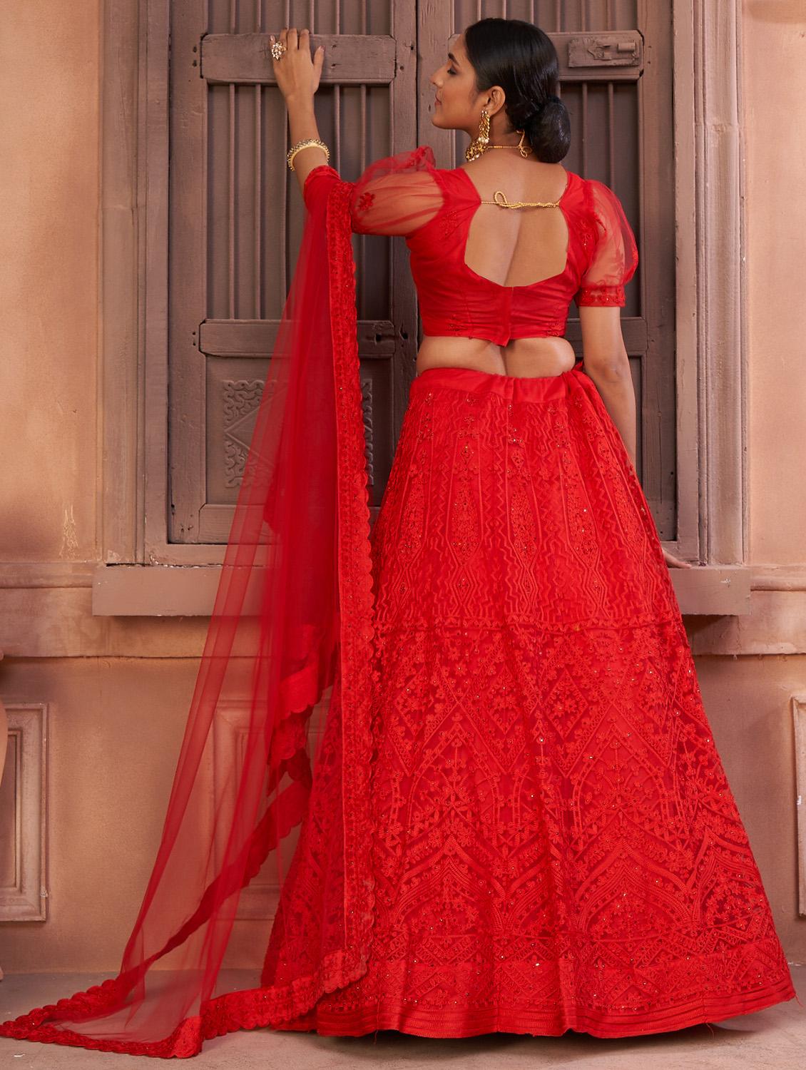 red net flared lehenga - 18008501 - Zoom Image - 4