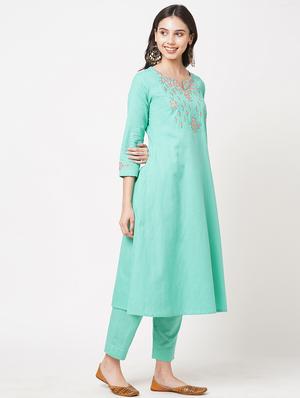 blue cotton aline kurta - 18008523 - Standard Image - 2