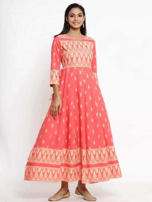 peach rayon anarkali kurta - 18008622 - Standard Image - 1