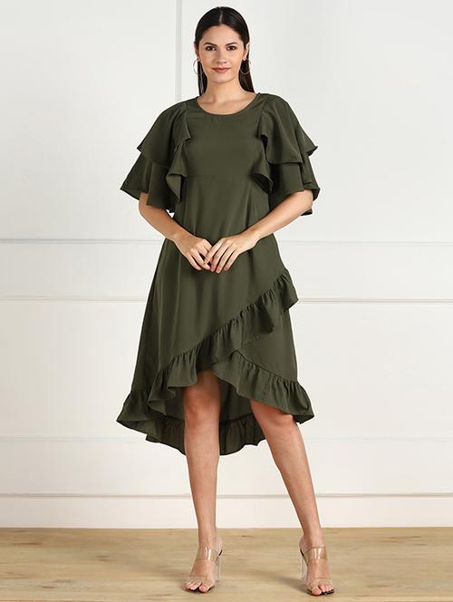 olive solid layered dress - 18010949 - Standard Image - 1