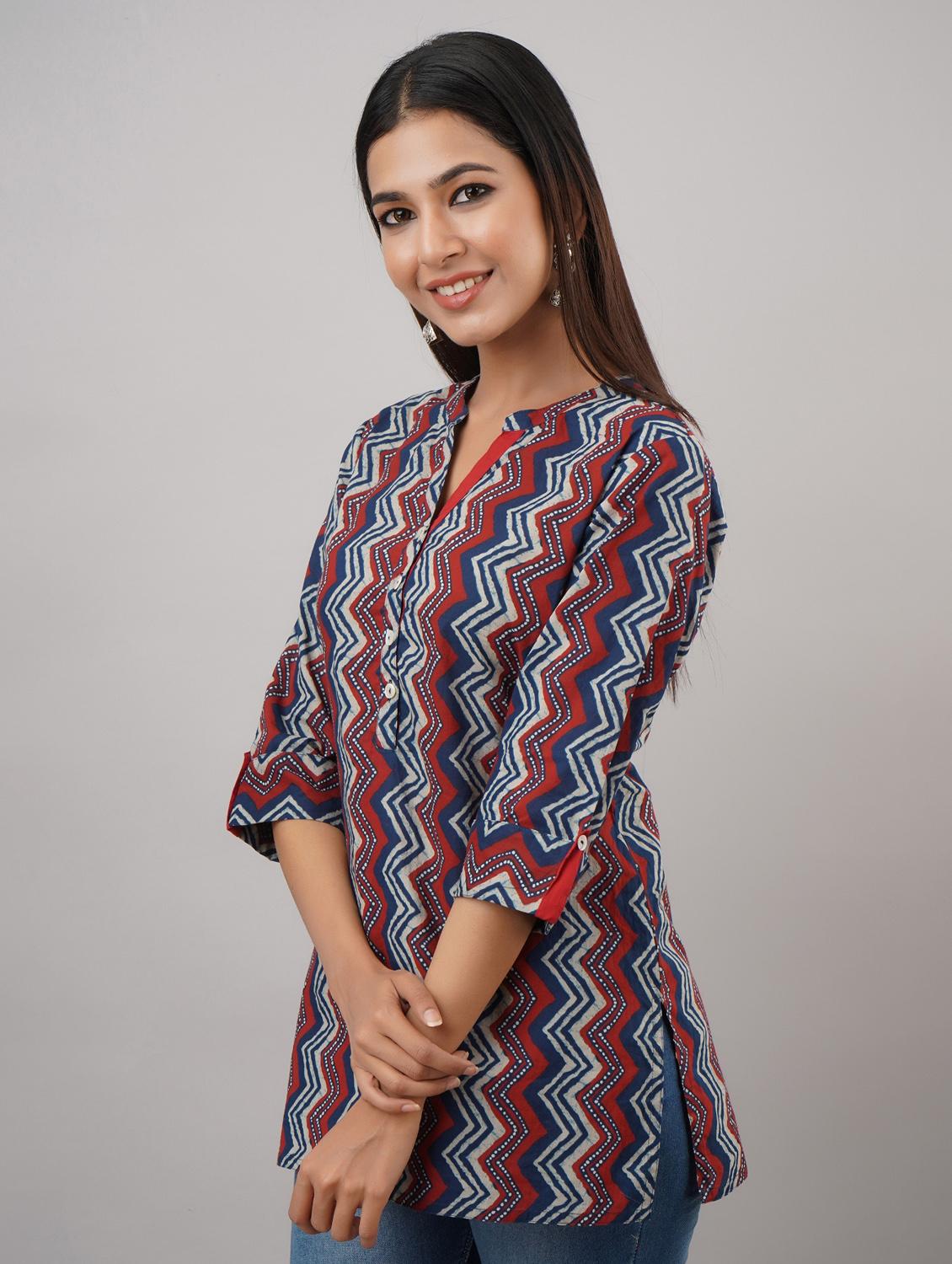 mandarin neck printed regular tunic - 18011503 - Zoom Image - 2