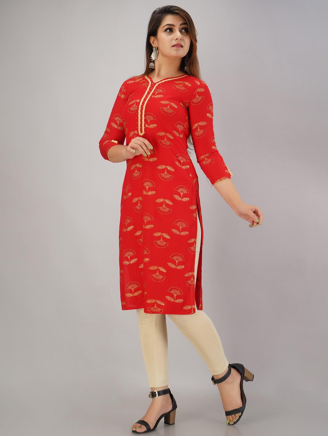 red rayon straight kurta - 18011545 - Zoom Image - 2