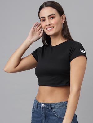 round neck solid crop top - 18011923 - Standard Image - 2