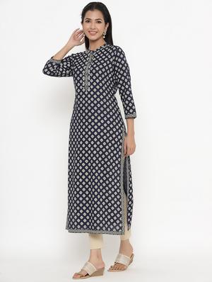 navy rayon straight kurta - 18012116 - Standard Image - 2