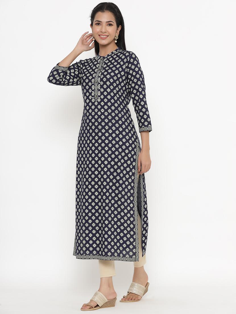 navy rayon straight kurta - 18012116 - Zoom Image - 2
