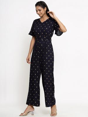 v-neck printed full leg jumpsuit - 18012418 - Standard Image - 2