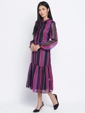 mandarin neck striped a-line dress - 18013270 - Standard Image - 3