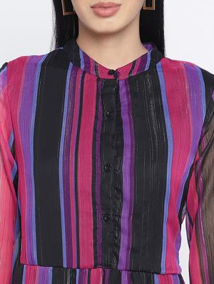 mandarin neck striped a-line dress - 18013270 - Standard Image - 5