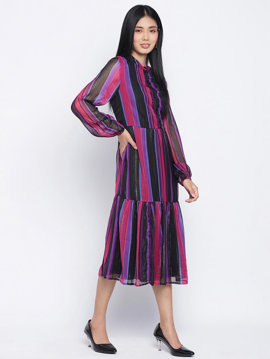 mandarin neck striped a-line dress - 18013270 - Zoom Image - 2