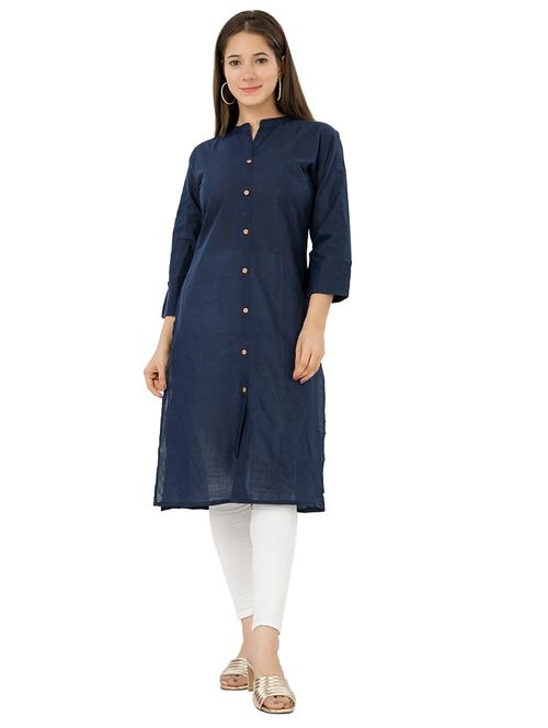 blue cotton blend straight kurta - 18014556 - Standard Image - 1