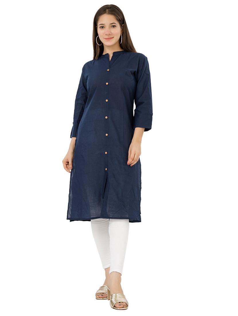 blue cotton blend straight kurta - 18014556 - Zoom Image - 1