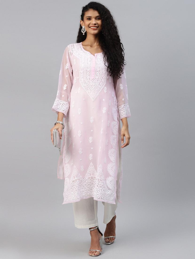 ada hand-embroidered pink chikankari straight kurta - 18016077 - Zoom Image - 2