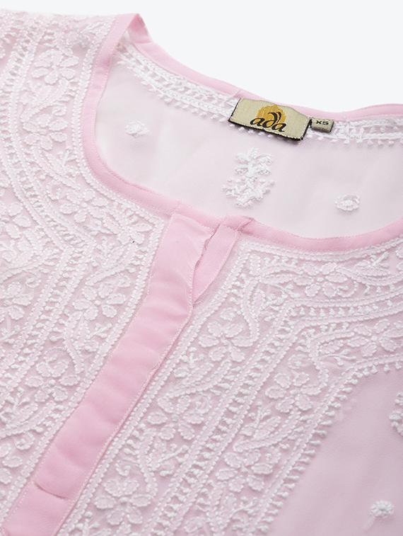 ada hand-embroidered pink chikankari straight kurta - 18016077 - Zoom Image - 4