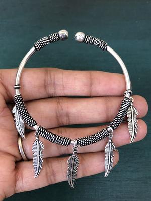 oxidized silver feather charms free size bracelet - 18017854 - Standard Image - 3