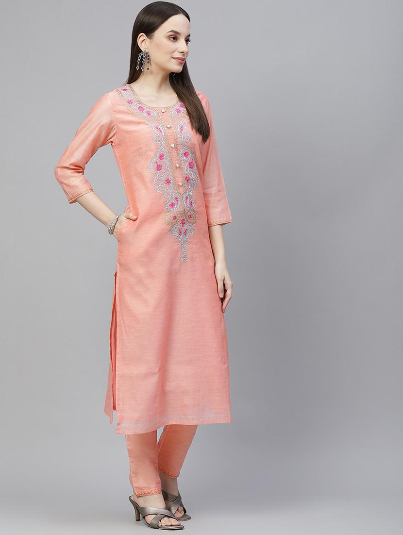 peach chanderi suit set - 18018907 - Zoom Image - 2