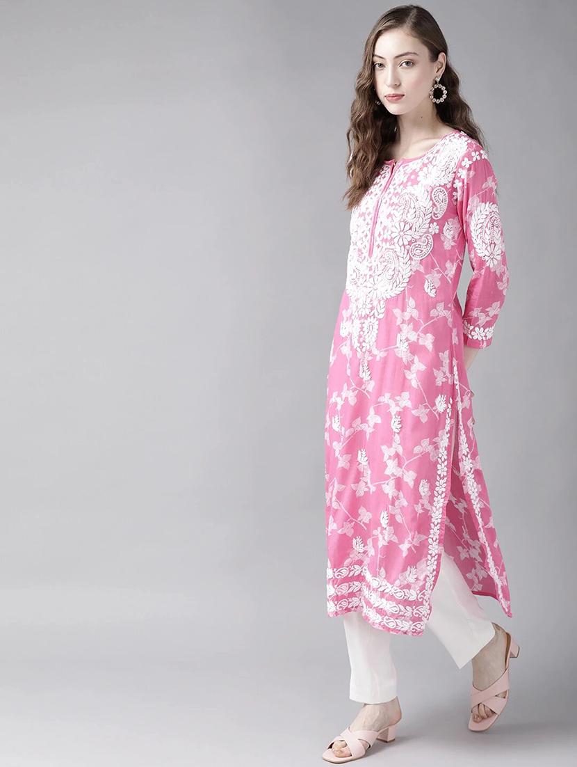ada hand-embroidered pink chikankari straight kurta - 18022574 - Zoom Image - 2