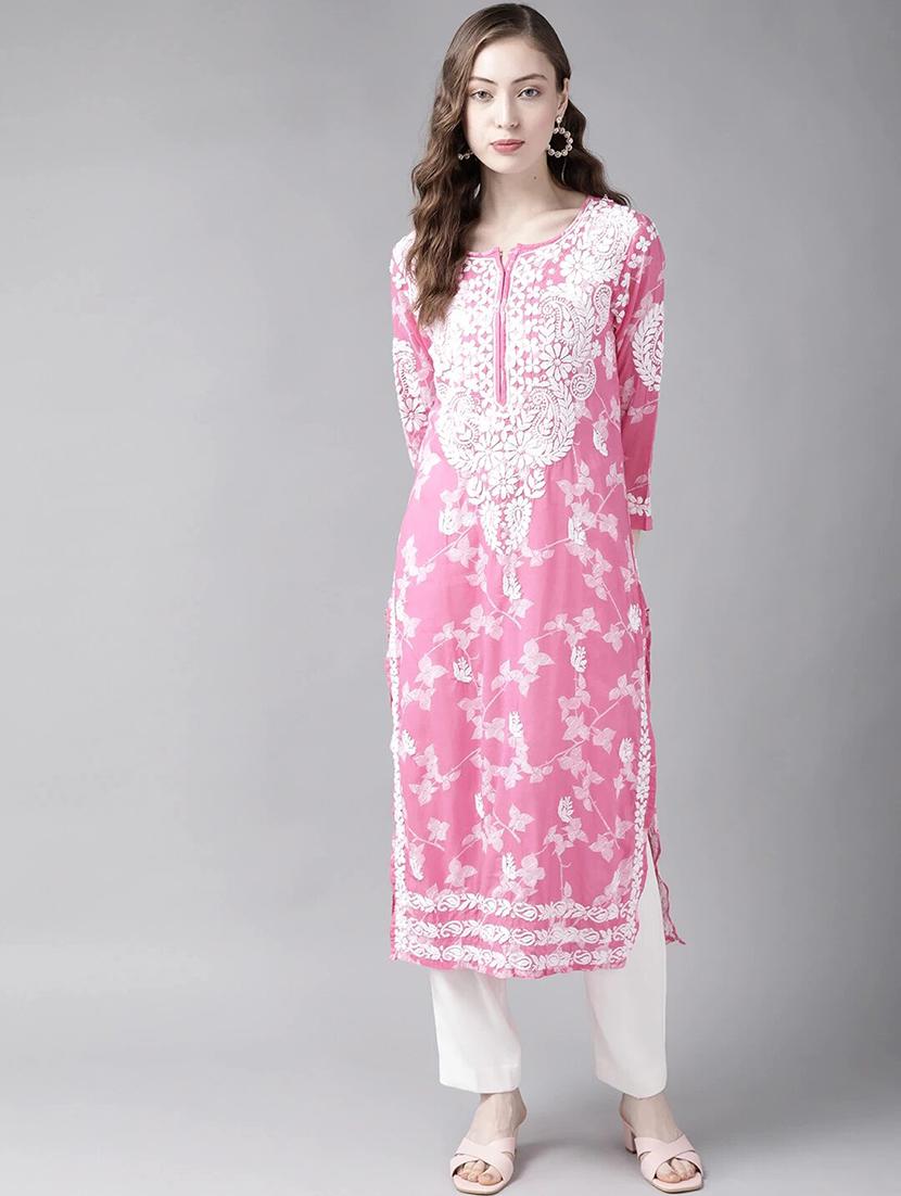 ada hand-embroidered pink chikankari straight kurta - 18022574 - Zoom Image - 4
