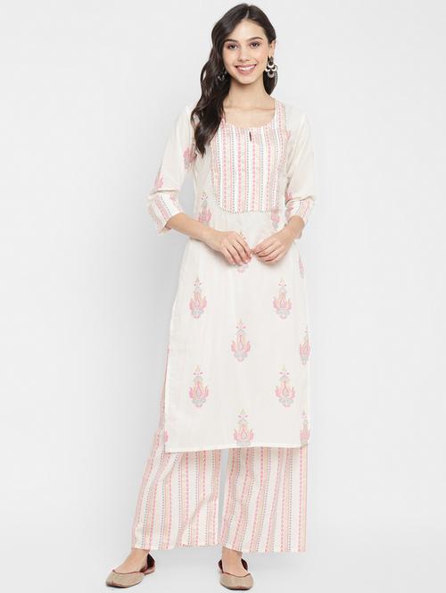 cream cotton kurta palazzo set - 18022627 - Standard Image - 1
