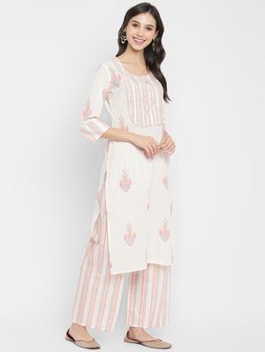 cream cotton kurta palazzo set - 18022627 - Standard Image - 3