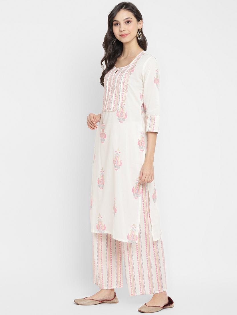 cream cotton kurta palazzo set - 18022627 - Zoom Image - 2