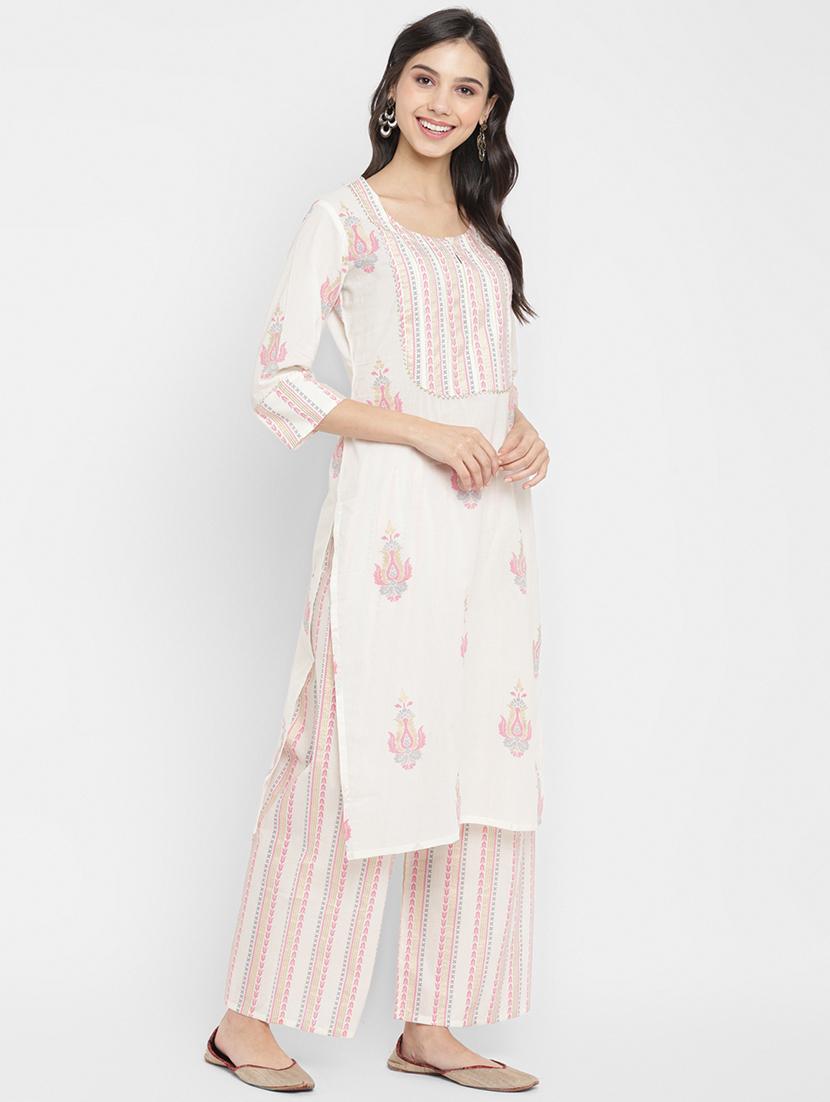 cream cotton kurta palazzo set - 18022627 - Zoom Image - 3