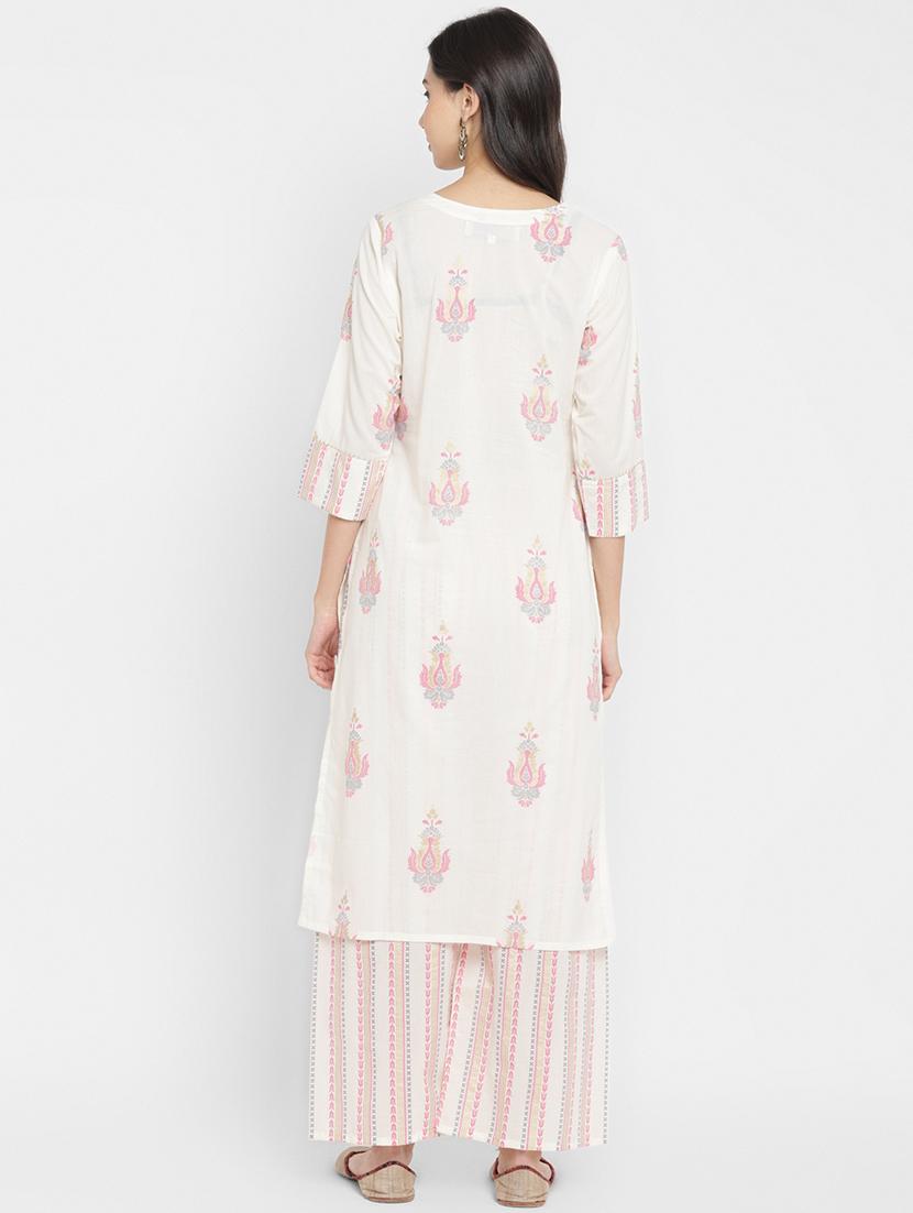 cream cotton kurta palazzo set - 18022627 - Zoom Image - 4