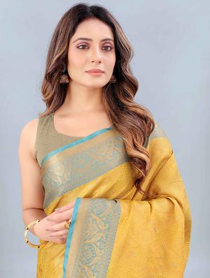 mustard art silk kanjivaram saree with blouse - 18024763 - Standard Image - 3