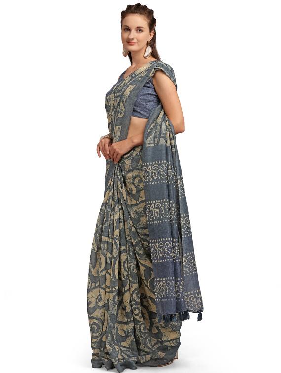 blue silk blend printed saree with blouse - 18024839 - Zoom Image - 1