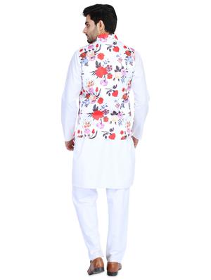 white solid kurta pyjama set with printed nehru jacket - 18025169 - Standard Image - 3