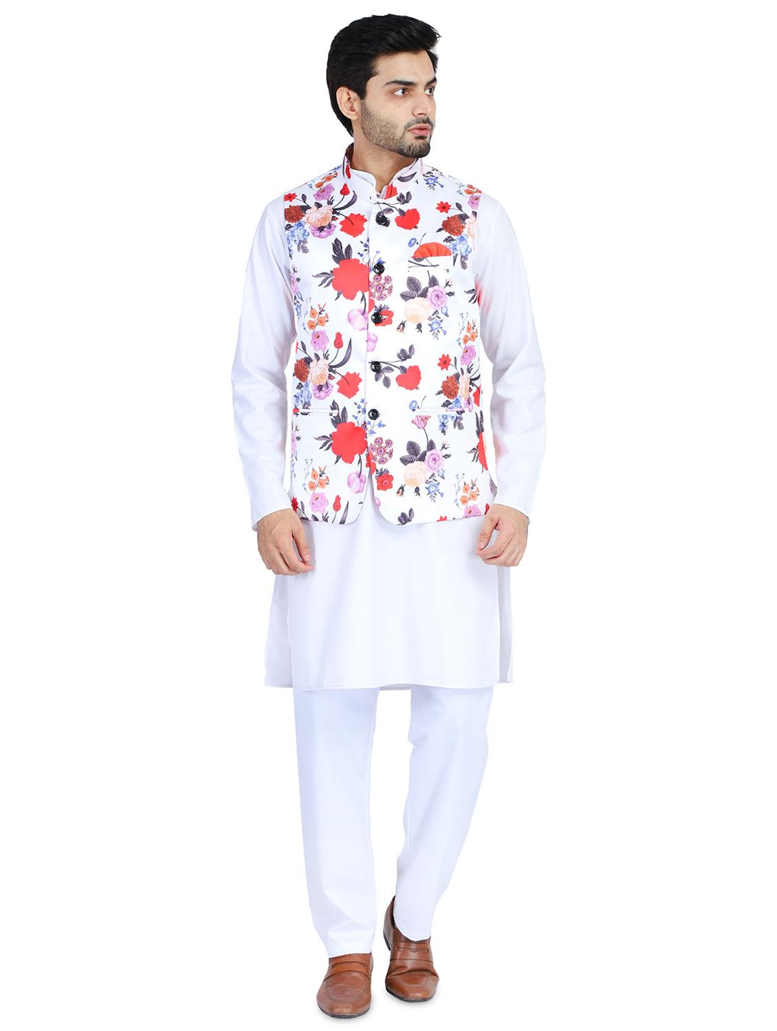 white solid kurta pyjama set with printed nehru jacket - 18025169 - Zoom Image - 1