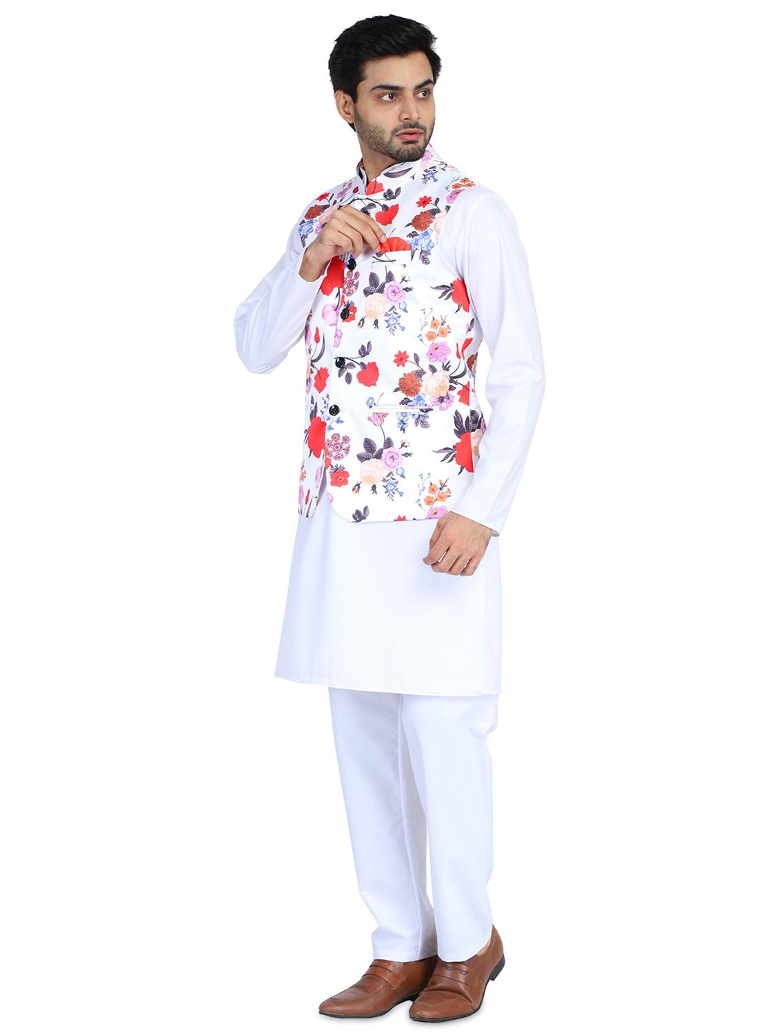 white solid kurta pyjama set with printed nehru jacket - 18025169 - Zoom Image - 2
