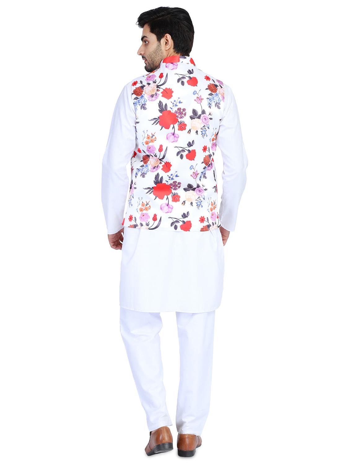 white solid kurta pyjama set with printed nehru jacket - 18025169 - Zoom Image - 3