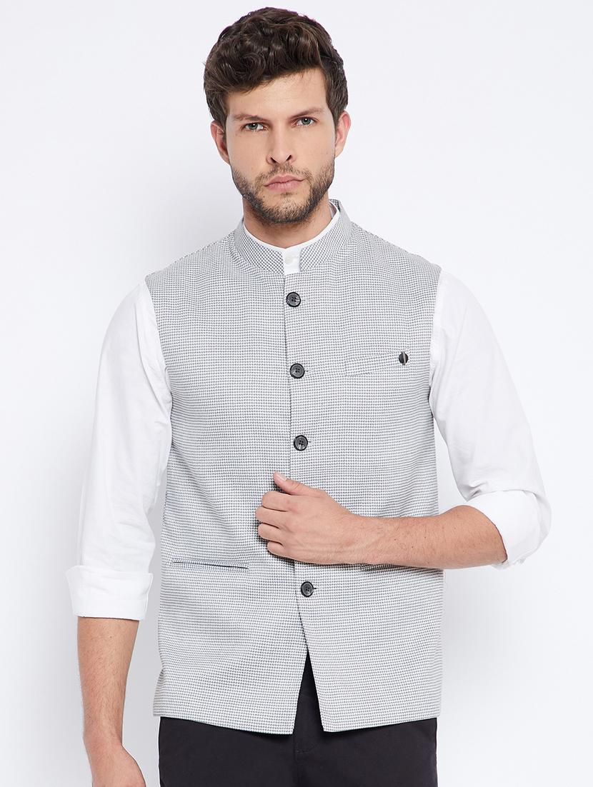 grey checkered nehru jacket - 18027198 - Zoom Image - 1