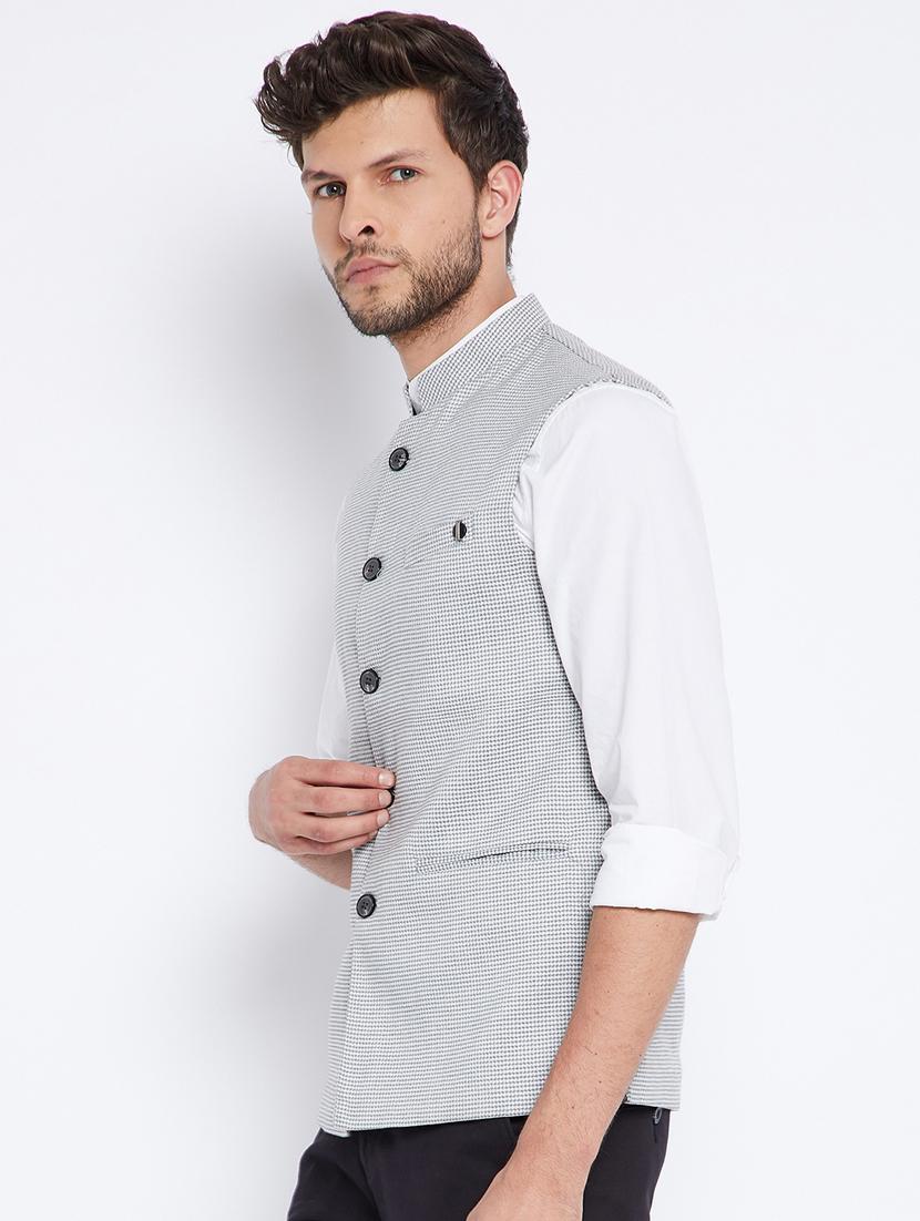 grey checkered nehru jacket - 18027198 - Zoom Image - 2