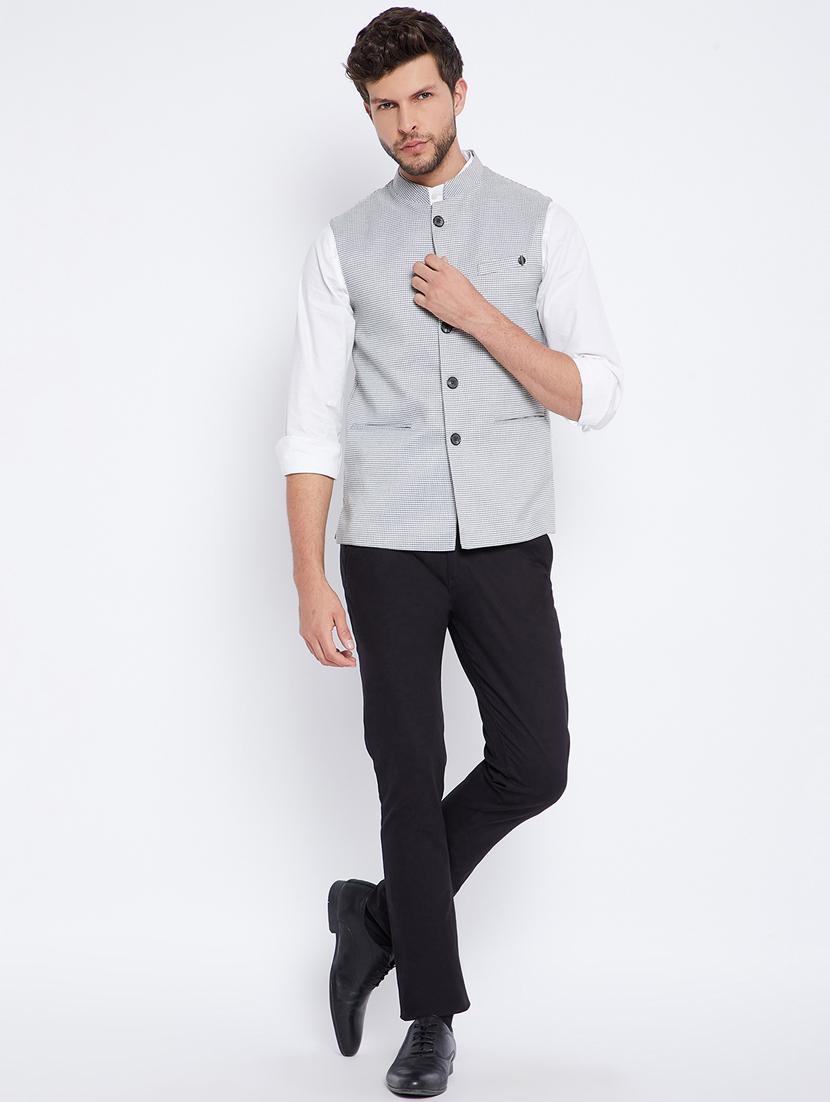 grey checkered nehru jacket - 18027198 - Zoom Image - 4