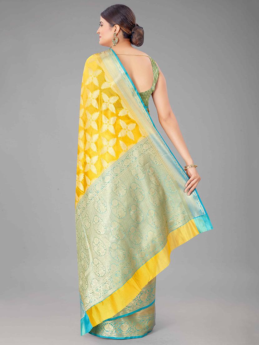 mustard art silk kanjivaram saree with blouse - 18028094 - Zoom Image - 2