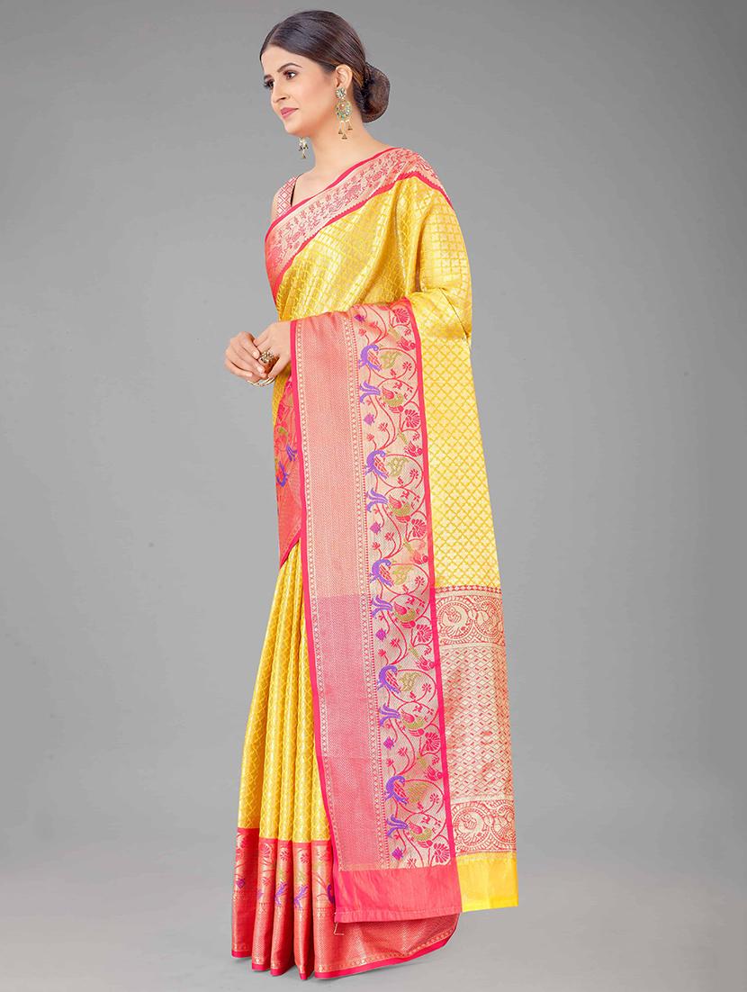 yellow art silk kanjivaram saree with blouse - 18028095 - Zoom Image - 1