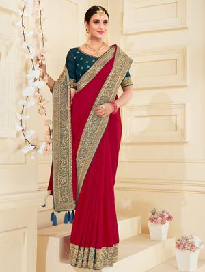solid bordered saree with blouse - 18028499 - Standard Image - 2
