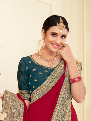 solid bordered saree with blouse - 18028499 - Standard Image - 3