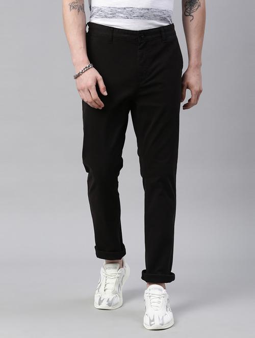 black solid flat front casual trouser - 18028739 - Standard Image - 1
