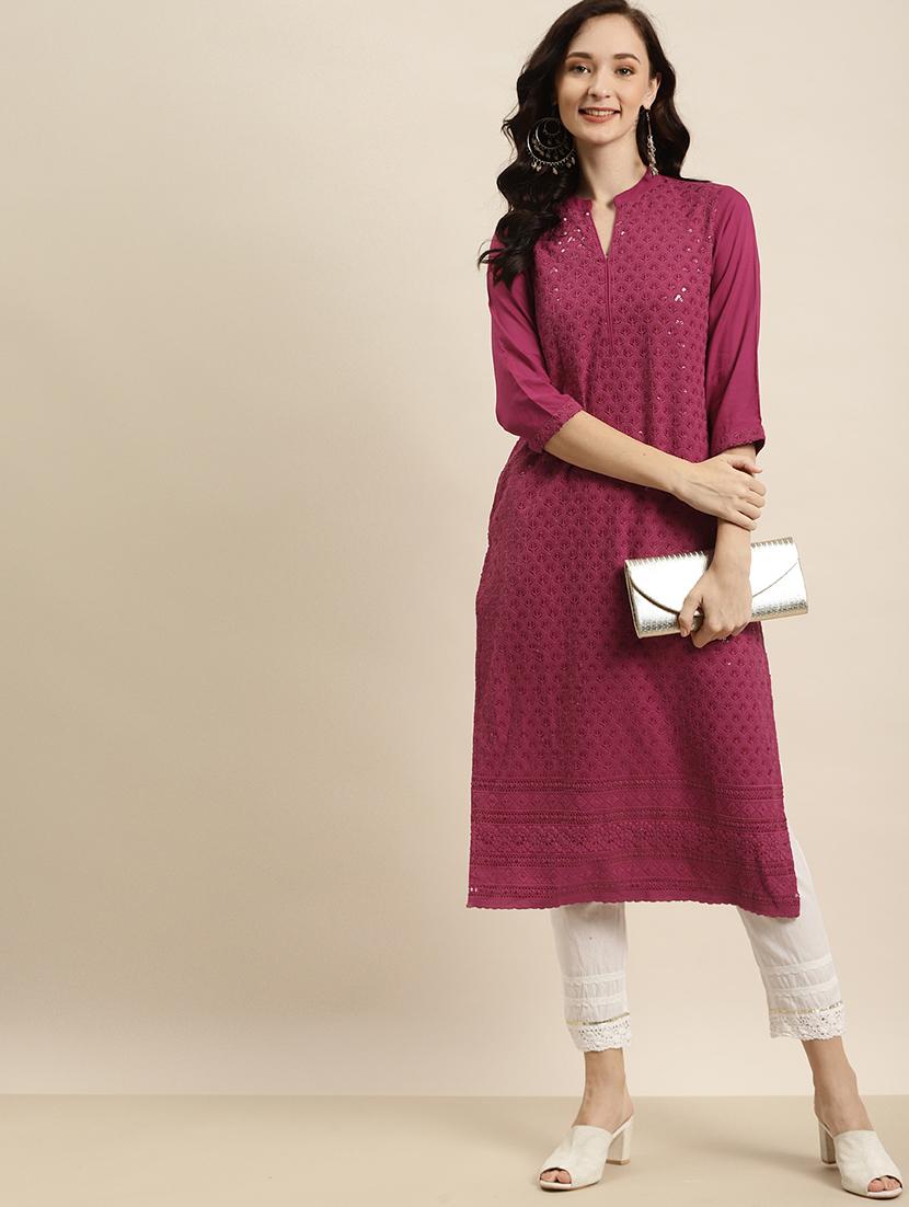 burgundy rayon straight kurta - 18030171 - Zoom Image - 2