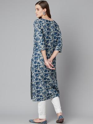 blue cotton straight kurta - 18030869 - Standard Image - 3