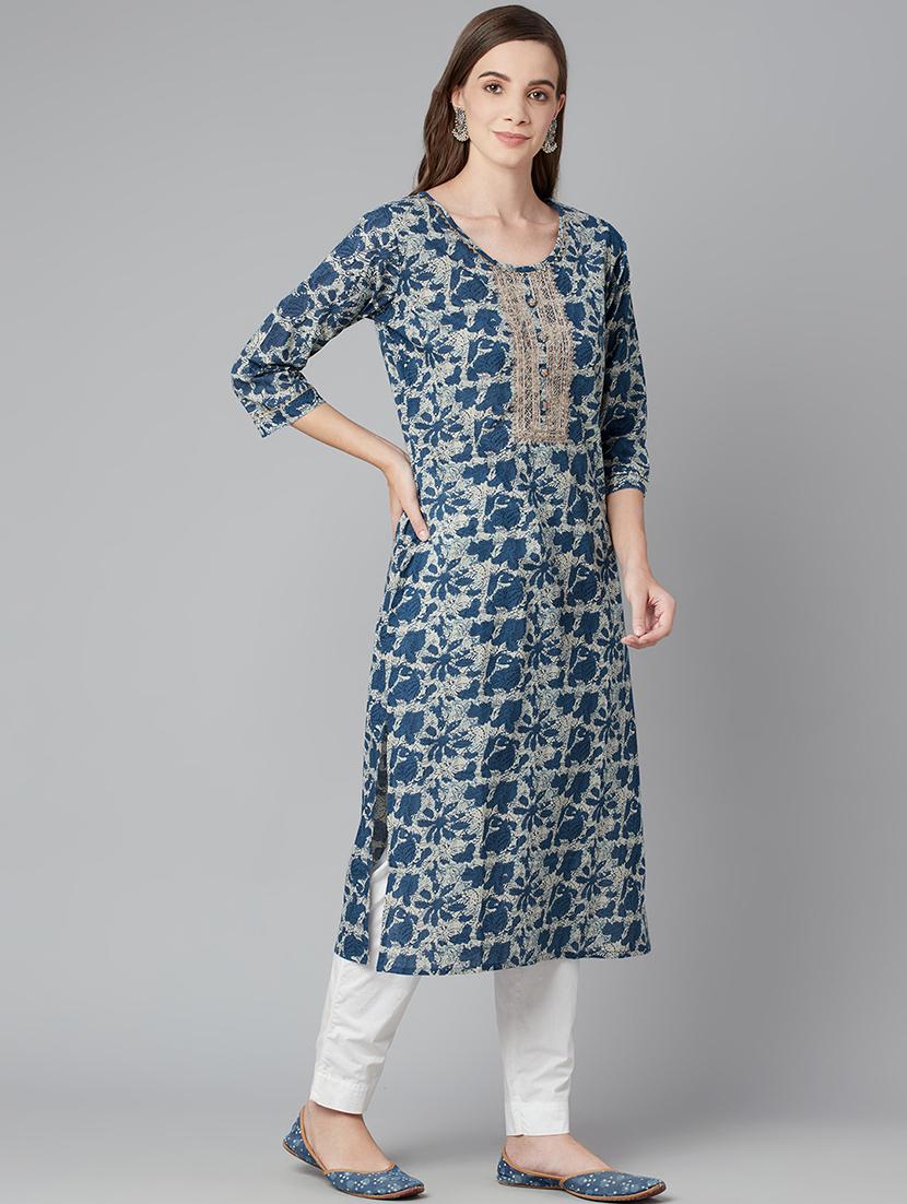 blue cotton straight kurta - 18030869 - Zoom Image - 2