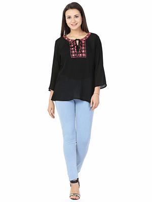 tie up neck embroidered detail top - 18032954 - Standard Image - 4