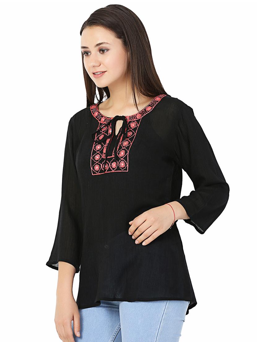 tie up neck embroidered detail top - 18032954 - Zoom Image - 2
